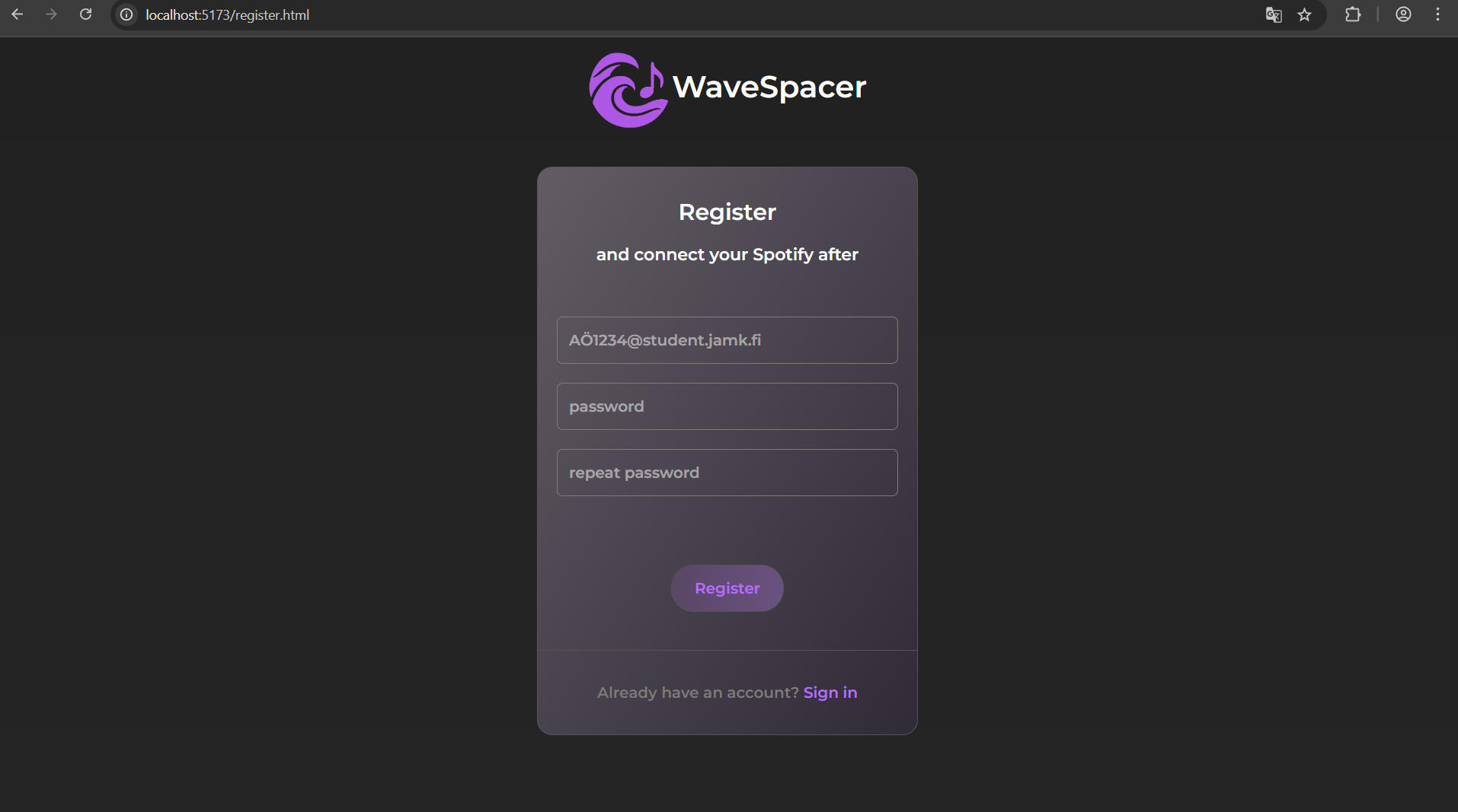 Rekisteröitymisnäkymä